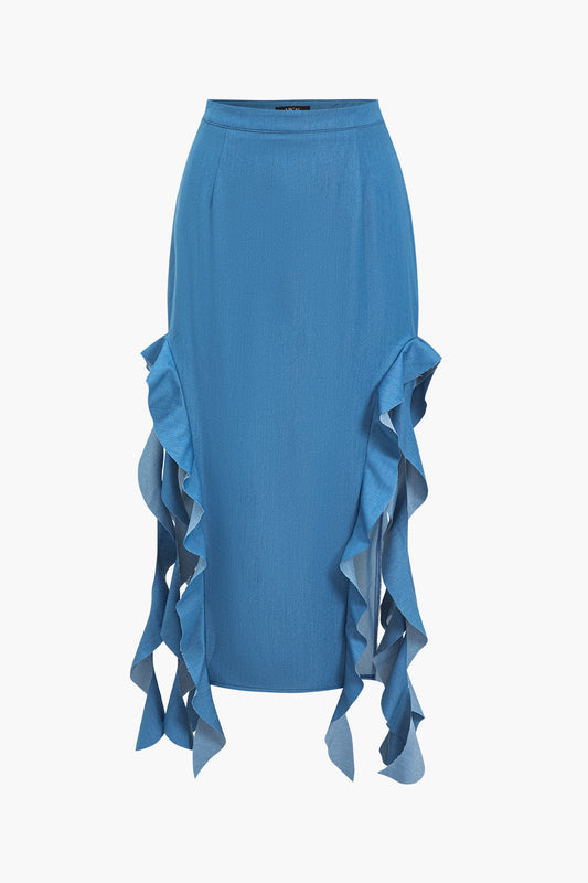 Solid Slit Zipper Ruffle Denim Skirt
