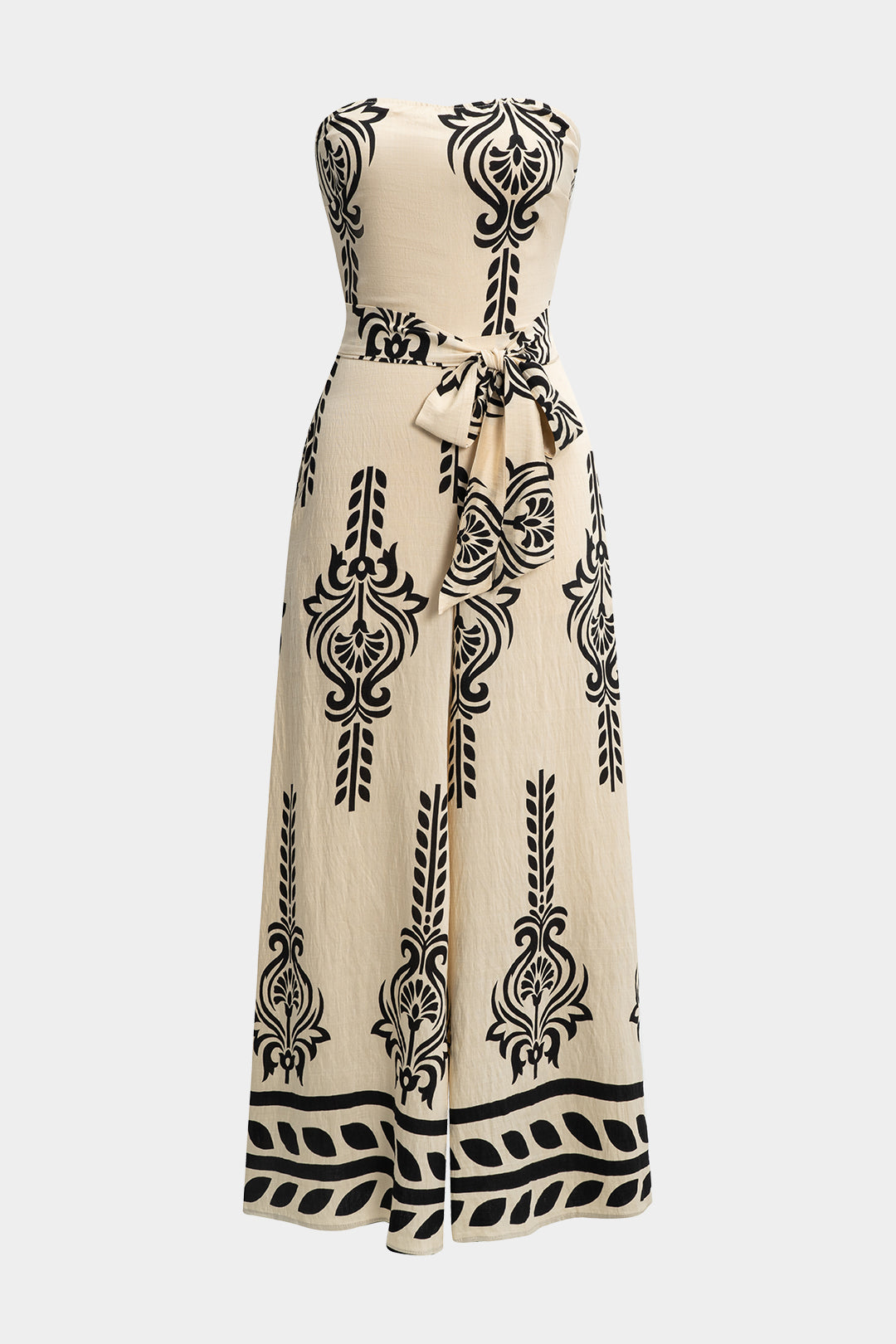 Contrast Pattern Tie Front Shirred Strapless Sleeveless Jumpsuit