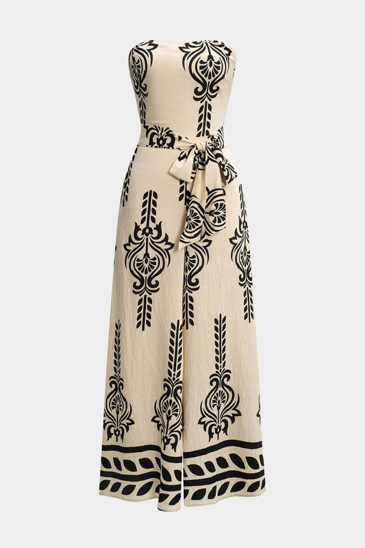 Contrast Pattern Tie Front Shirred Strapless Sleeveless Jumpsuit