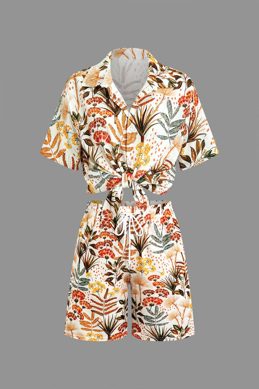 Leaves Print Tie Front Shirt And Shorts Set