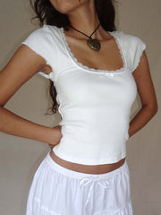 White Vintage Lace Trim Square Neck Short Sleeve Knit