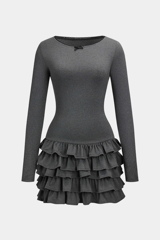 Ruffle Round Neck Puff Hem Long Sleeve Mini Dress