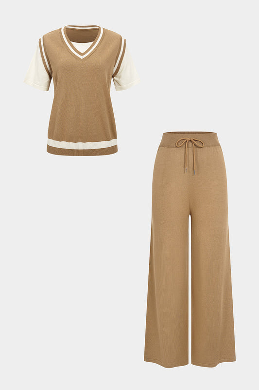 Knit Contrast Short Sleeve T-shirt And Drawstring Trousers Set