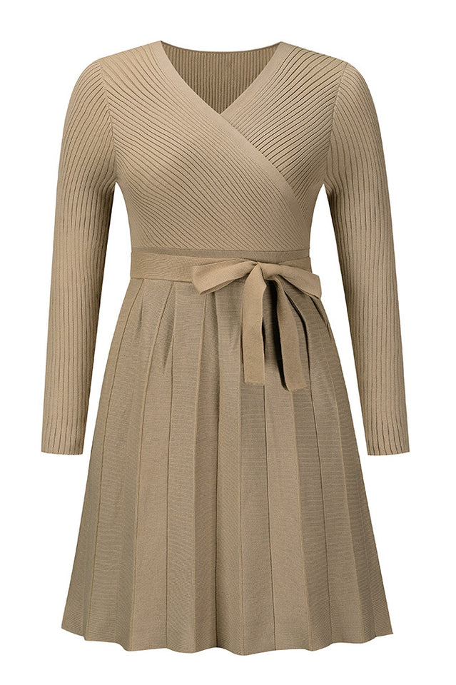 Surplice Neck Tie Front Pleated Sweater Dress