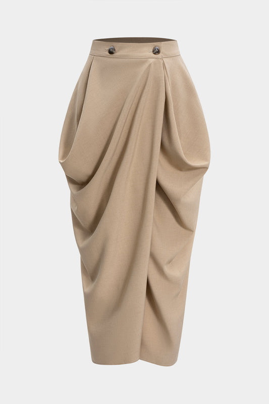 Solid Button Pleated Skirt