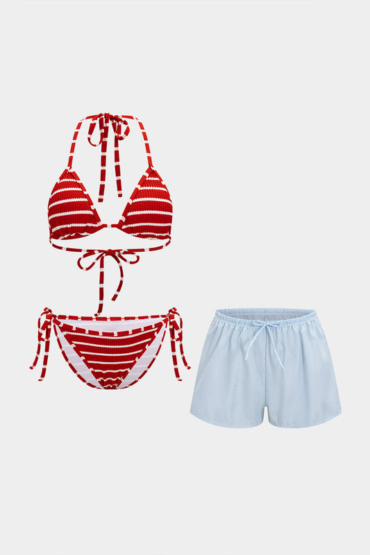 Stripes Print Drawstring Knotted 3-Piece Bikini Set