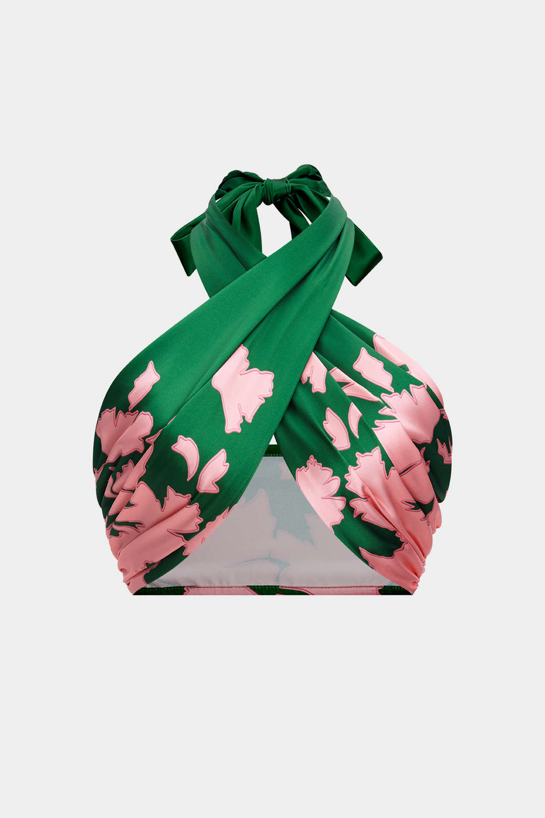 Satin Floral Pattern Crossed Halter Neck Ruched Cami Top