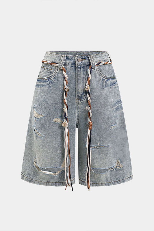 Denim Ripped Pocket Shorts With Belt