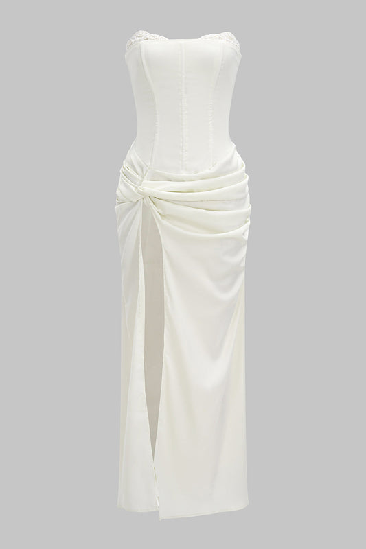 Satin Side Slit Strapless Sleeveless Twist Knot Midi Dress