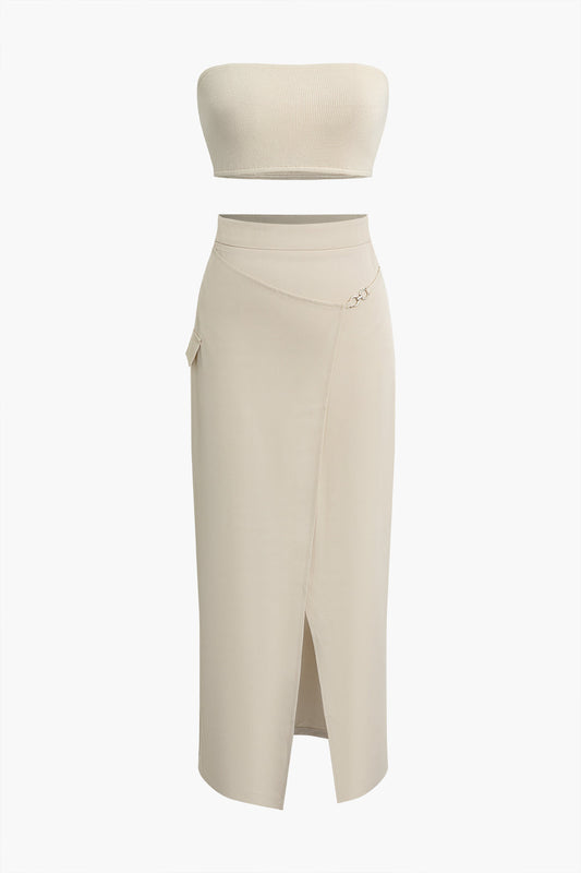 Solid Tube Top And Wrap Split Midi Skirt Set