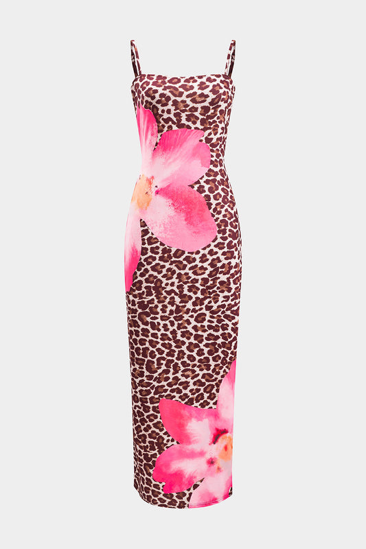Leopard Floral Print Slip Sleeveless Maxi Dress