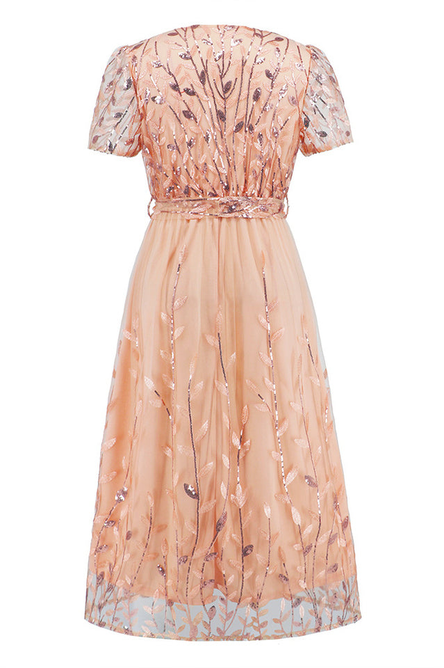 Sequin Leaf Embroidery Tie Front Dress