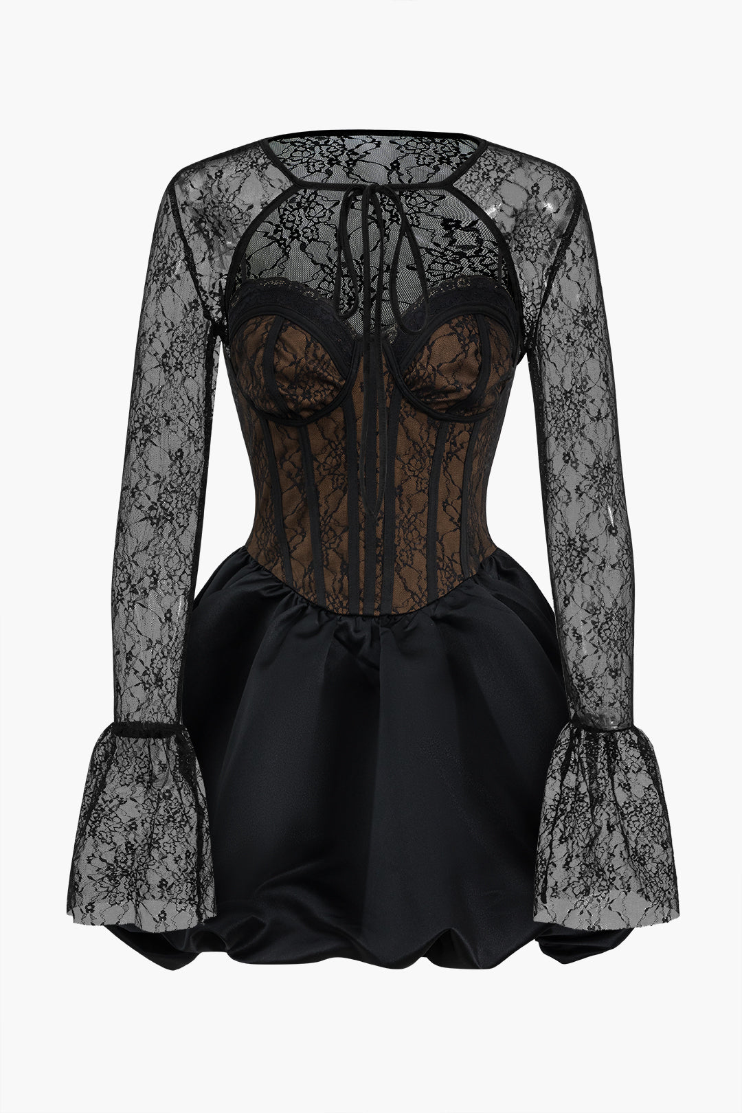Lace Cropped Top And Burstier Slip Puff Hem Mini Dress Set