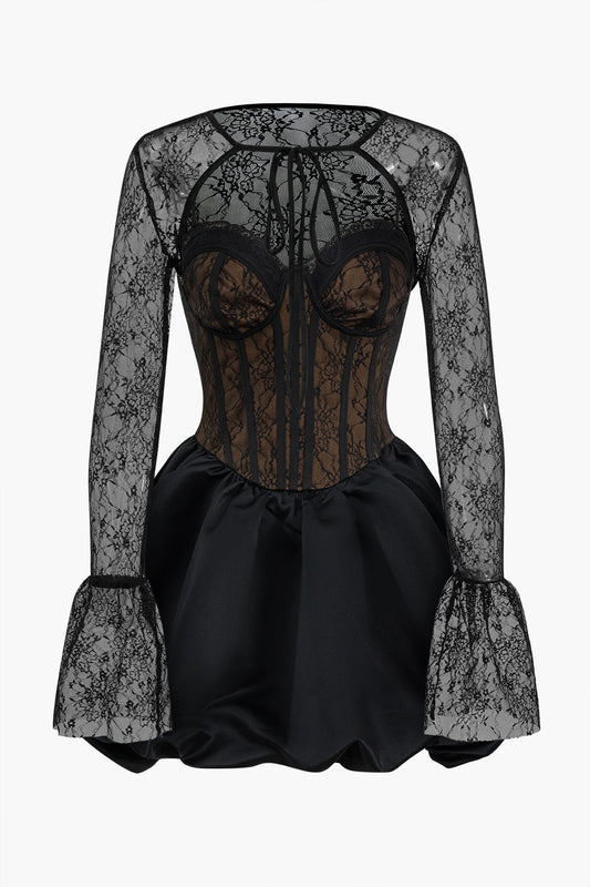 Lace Cropped Top And Burstier Slip Puff Hem Mini Dress Set