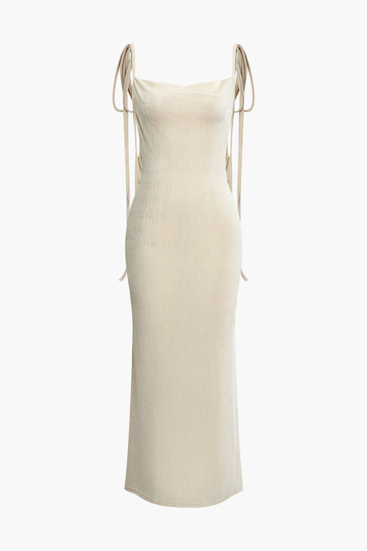 Solid Color French Cowl Neck Backless Tie Maxi Dress