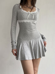 Grey Y2K Lace Splice Square Neck Mini Dress