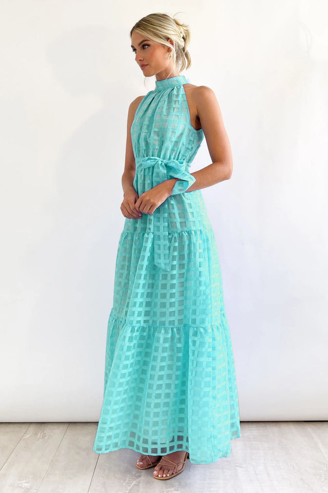 Check Halter Neck Tie Waist Maxi Dress