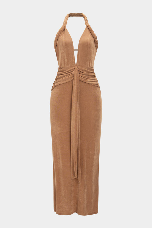 Halter Neck V-Neck Twist Knot Ruched Backless Sleeveless Maxi Dress