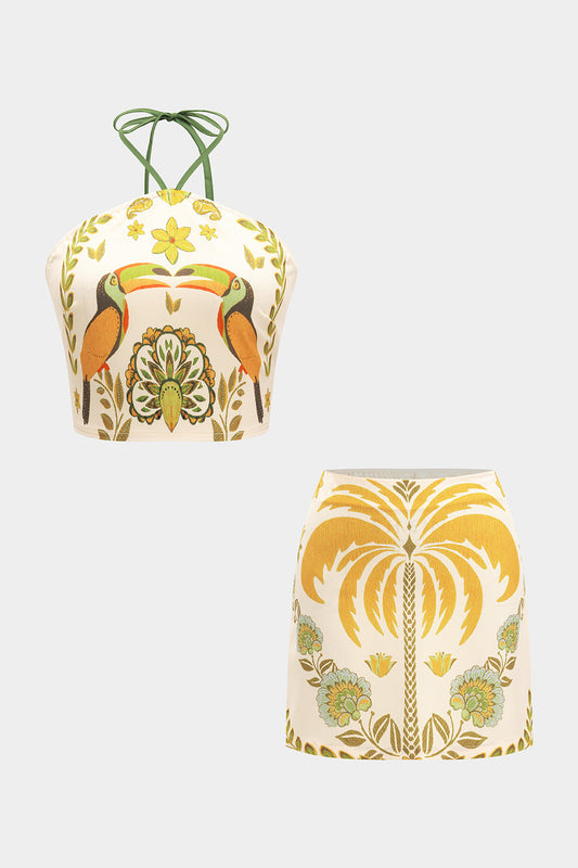 Halter Smocked Tie-Back Top And Tropical Coconut Palm Print Skirt Set