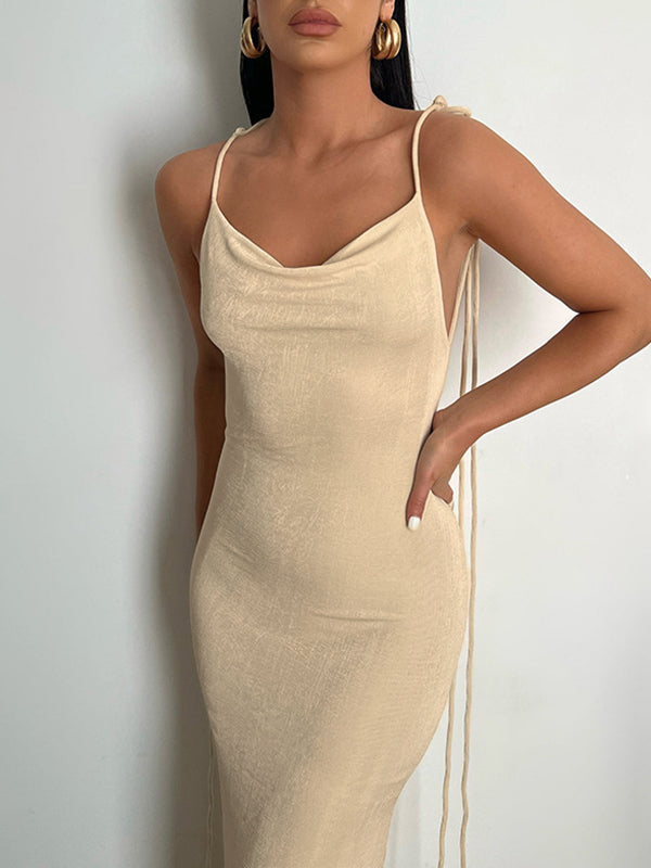 Apricot French Backless Tie Up Cami Maxi Dress