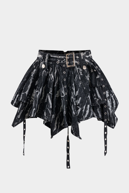 Jacquard Denim Metal Belt Zipper Skirt