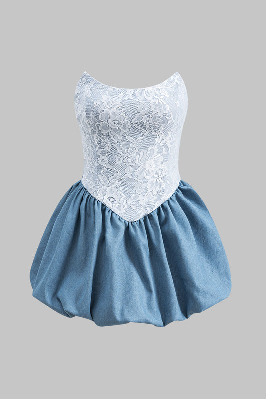 Denim Patchwork Puffed Strapless Sleeveless Mini Dress