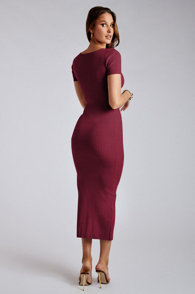 Maroon V-Neck Slit Bodycon Dress