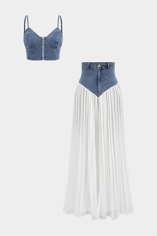 Denim Dry Clean Bustier Zipper Cami Top And Chiffon Pleated Patchwork Trousers Set