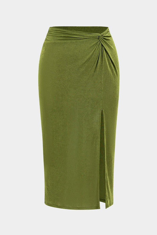 Plus Size Ruched Twist Knot Slit Skirt