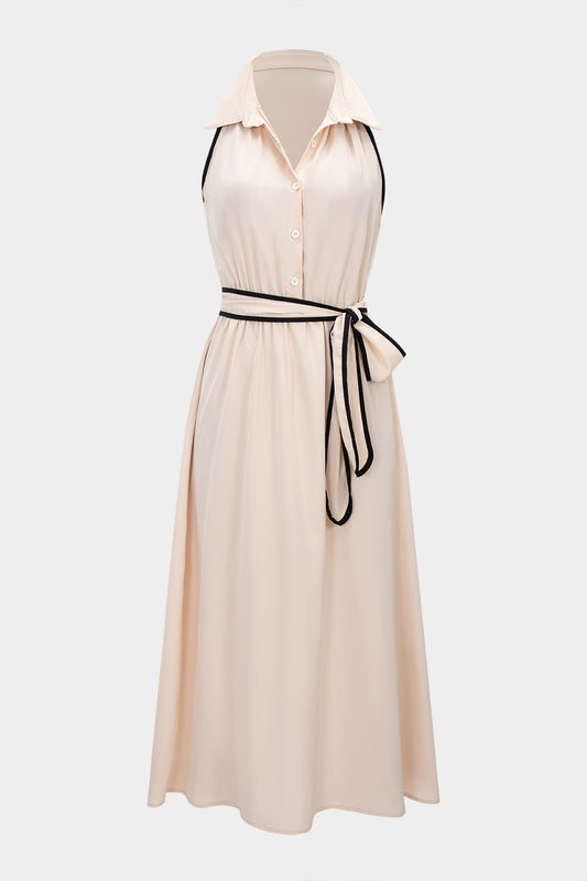 Contrast Tie-Up Button Sleeveless Midi Dress