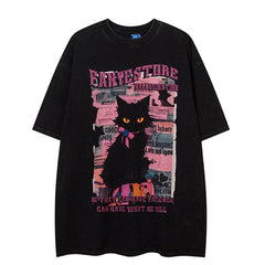 Contrast Color Y2k Cat Print Short Sleeve T Shirt