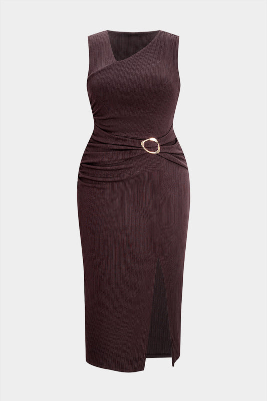 Plus Size Metallic Decor Asymmetrical Ruched Sleeveless Maxi Dress