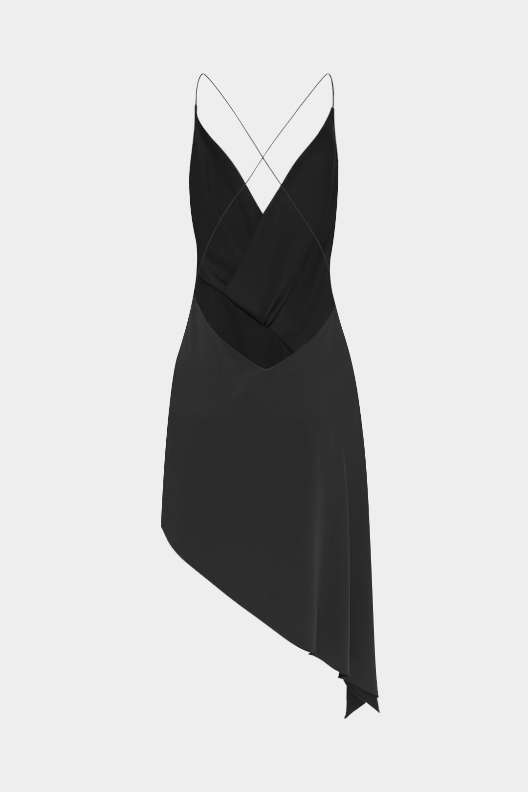 Satin V-Neck Ruched Asymmetrical Hem Backless Sleeveless Midi Dress