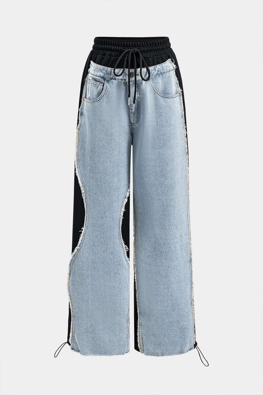 Leopard Print Denim Patchwork Tie Front Pocket Wide Leg Jeans