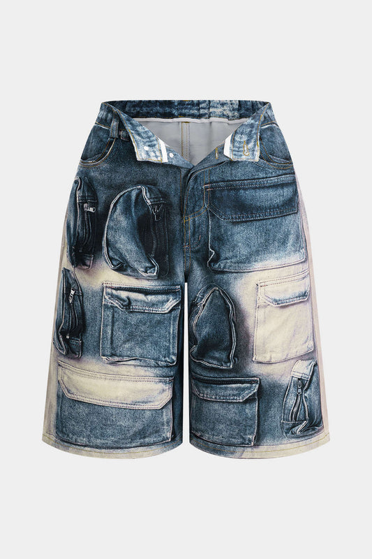 Plus Size Pocket Printed High Waist Shorts
