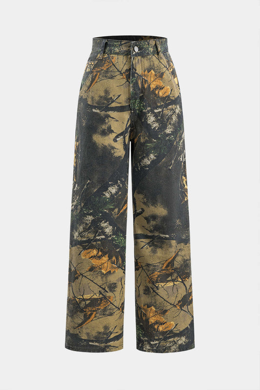 Branch Print Denim Button Pocket Wide Leg Trousers
