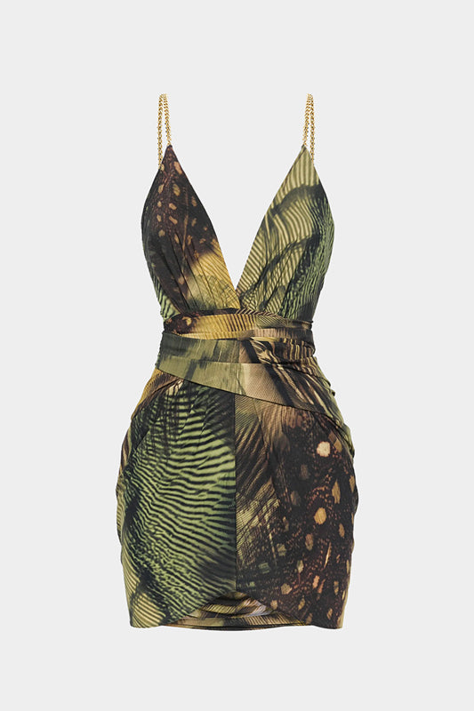 Tropical Print Metallic Chain Asymmetrical Sleeveless Mini Dress