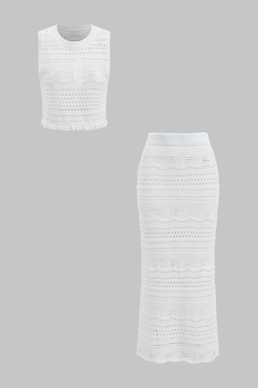 Knit Holllow Out Tank Top And Skirt Set