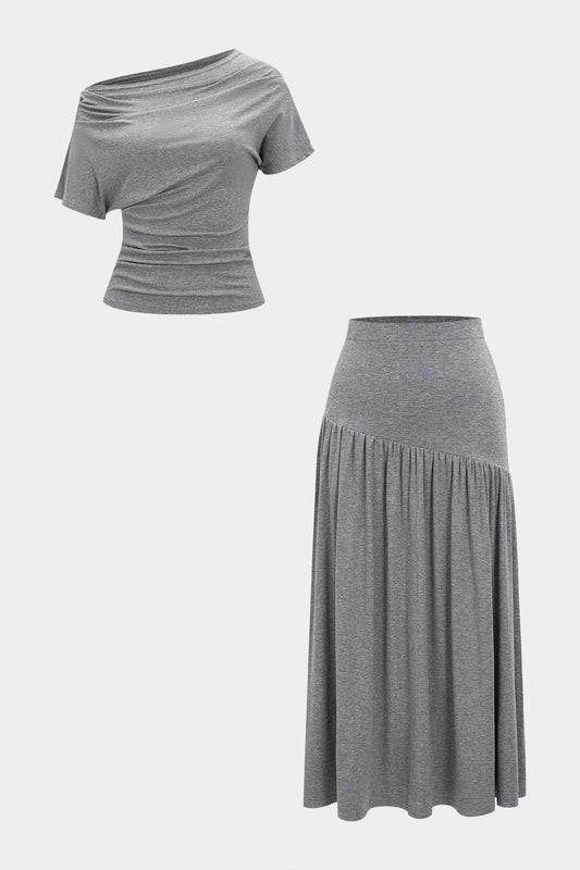 Solid Ruched T-Shirt And High Waist Skirt Set