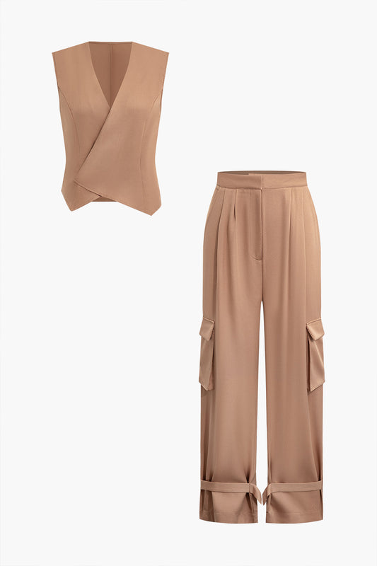 Crossed Tank Top And Pleated Flap Pocket Wide Leg Trousers Set