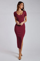 Maroon V-Neck Slit Bodycon Dress