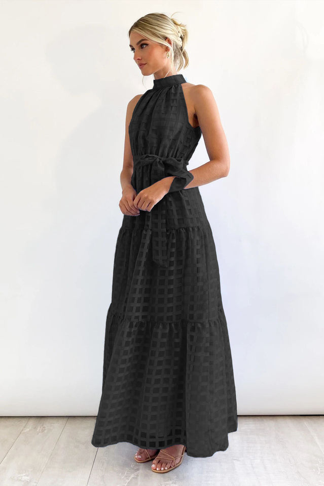 Check Halter Neck Tie Waist Maxi Dress