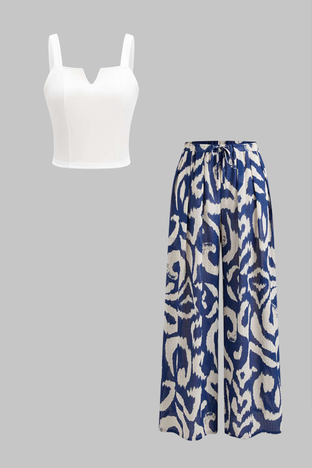 Sleeveless Tank Top And Hawaiian Pattern Contrast Wide Leg Trousers Set