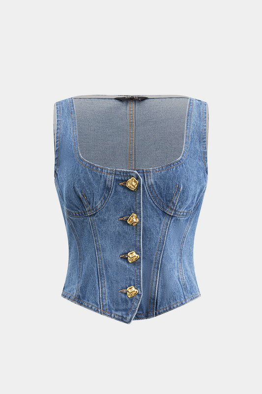 Denim Button Bustier Square Neck Crop Top