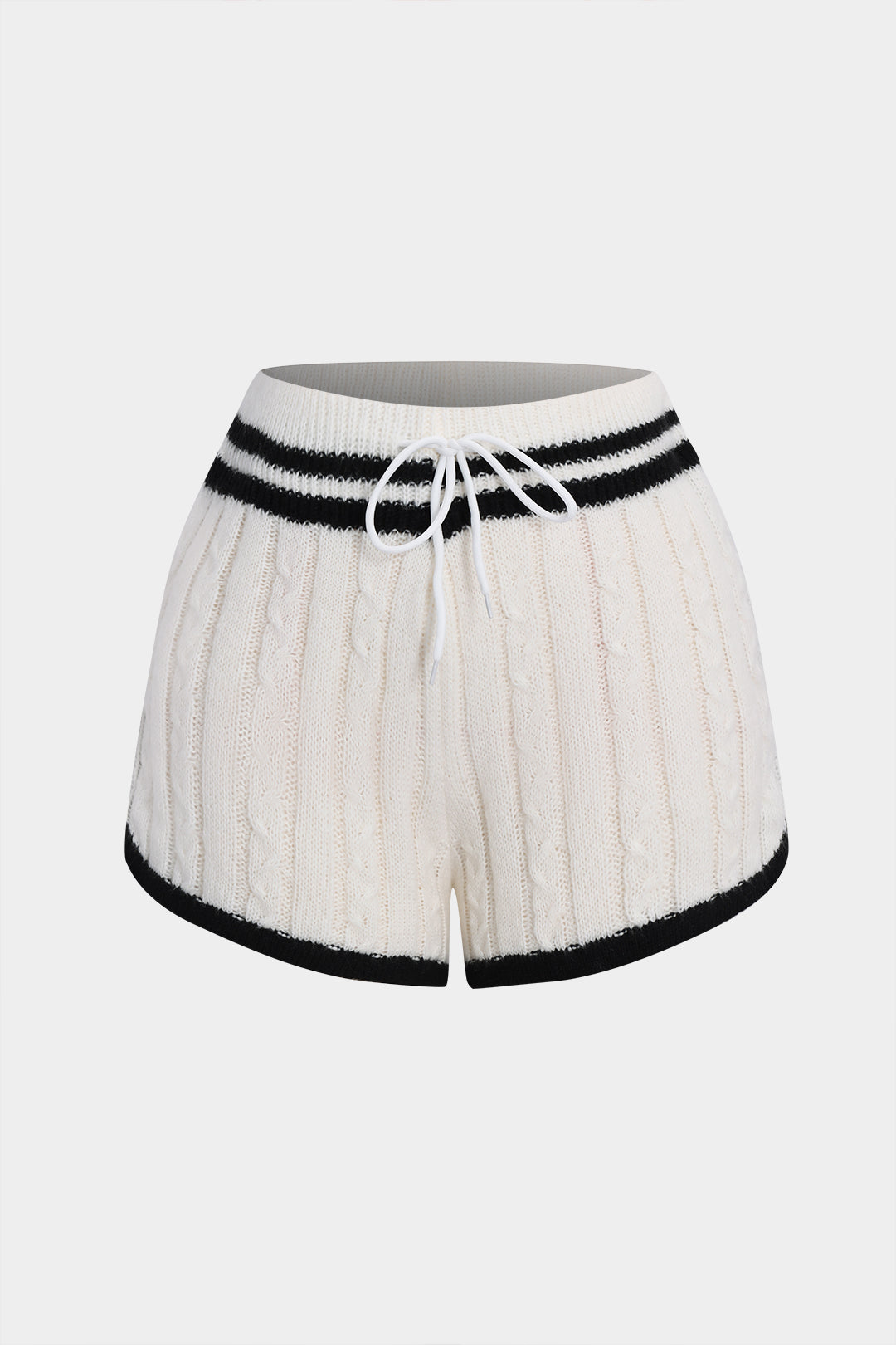 Contrast Knit Zipper Long Sleeve Top And Tie Front Shorts Set