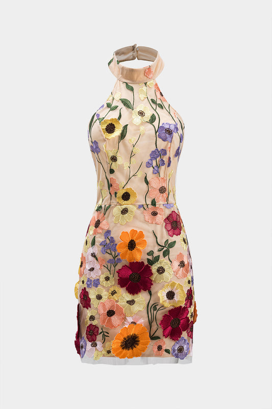 Jacquard Halter Neck Backless Sleeveless Mini Dress