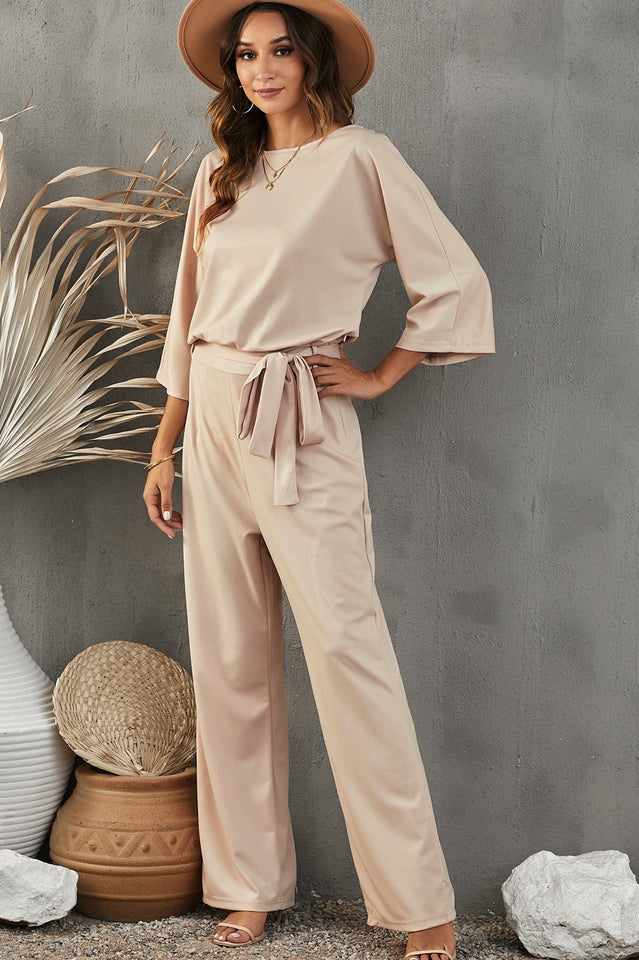 Belted Three-Quarter Sleeve Jumpsuit