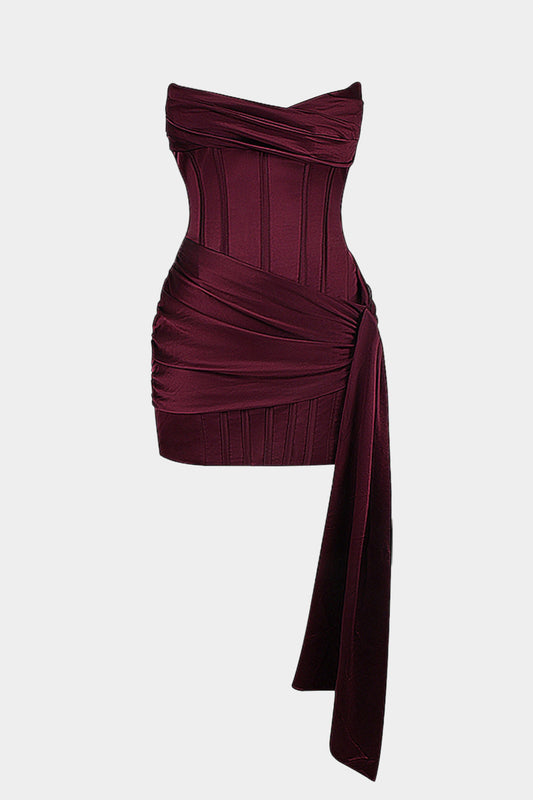 Plus Size Satin Ruched Patchwork Zipper Corset Strapless Mini Dress