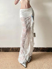 White Vintage See-Through Lace Midi Skirt