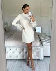 Emilia - Feather Trim Long Sleeve H-line Mini Dress